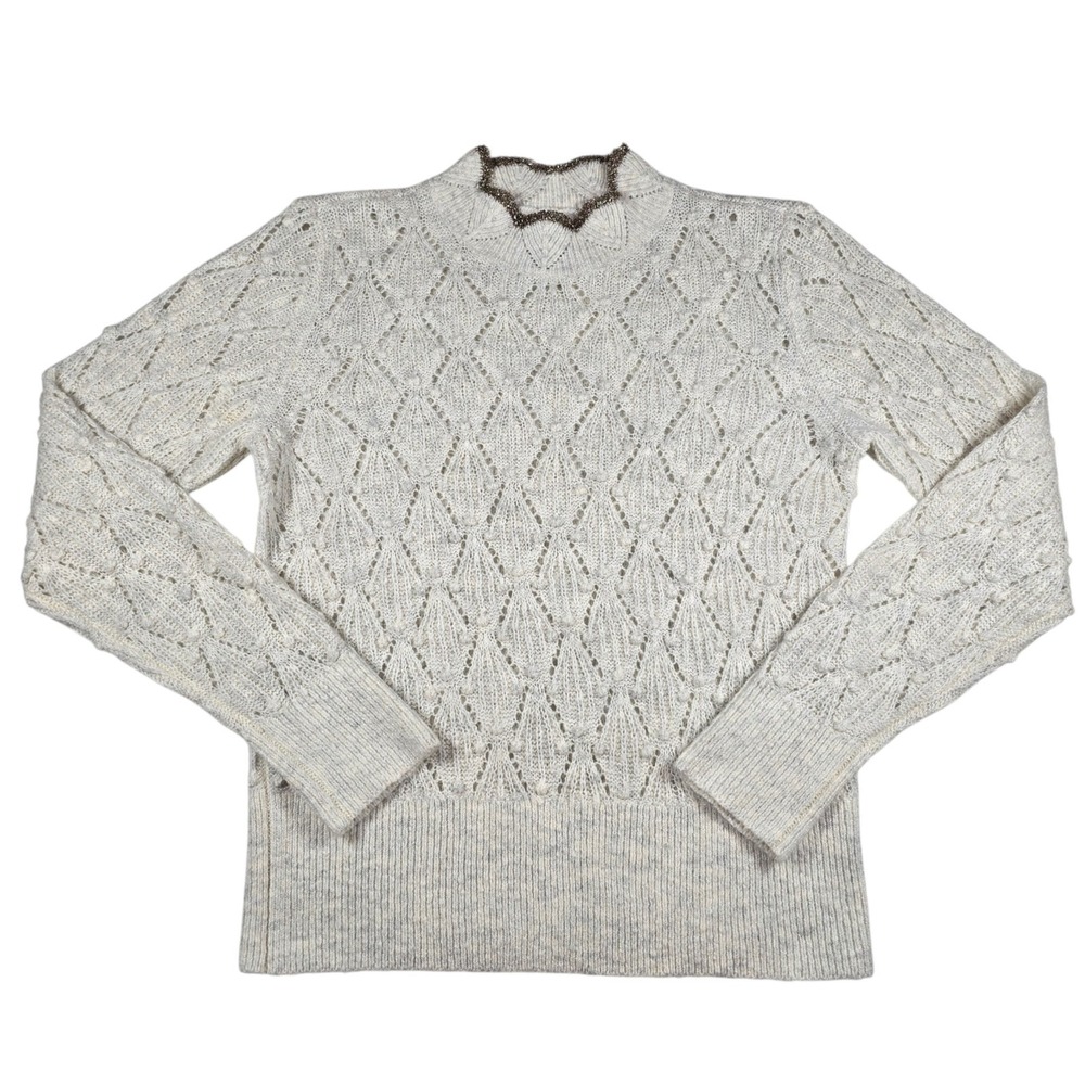 Abercrombie & Fitch Ivory Open Knit Mock Neck Sweater Metallic Trim Women's Sz M